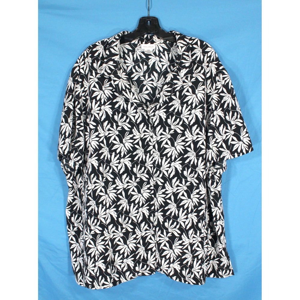 JOAN LESLIE Black/White CREPE Button-Up FLORAL PRINT Pleated Trim BLOUSE/TOP 24W